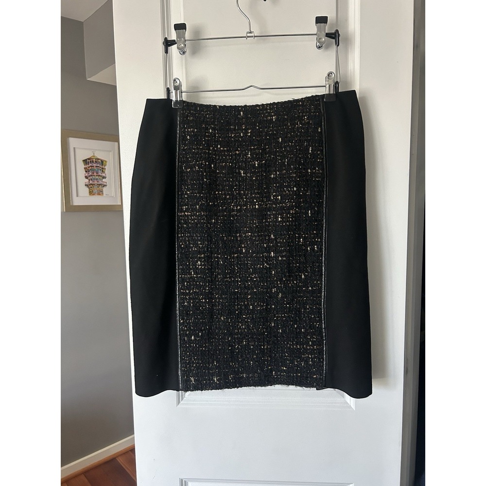 Lafayette 148 New York Wool Panel Black And Gold Stretch Pencil Skirt Size 12
